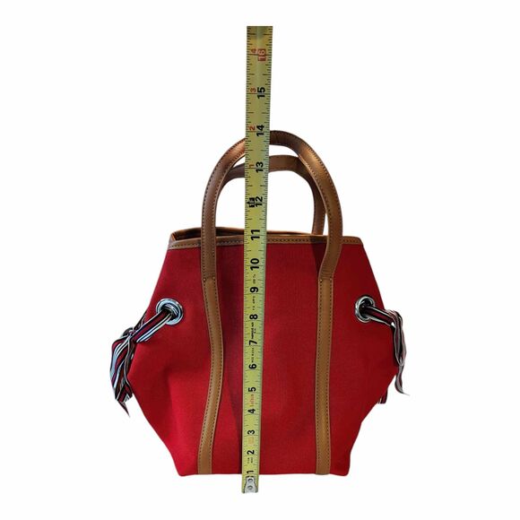 TALBOTS Red Canvas Abstract Scarf Print Design Top Handle Tote Bucket Bag EUC - Picture 15 of 15